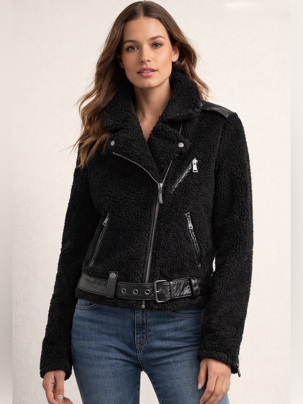 Polo Ralph Lauren Faux Sherpa w/ Lambskin Leather Moto Jacket Black M $398 NWOT